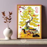 Tranh chậu bonsai mai vàng bên chú tượng đúc đồng in canvas