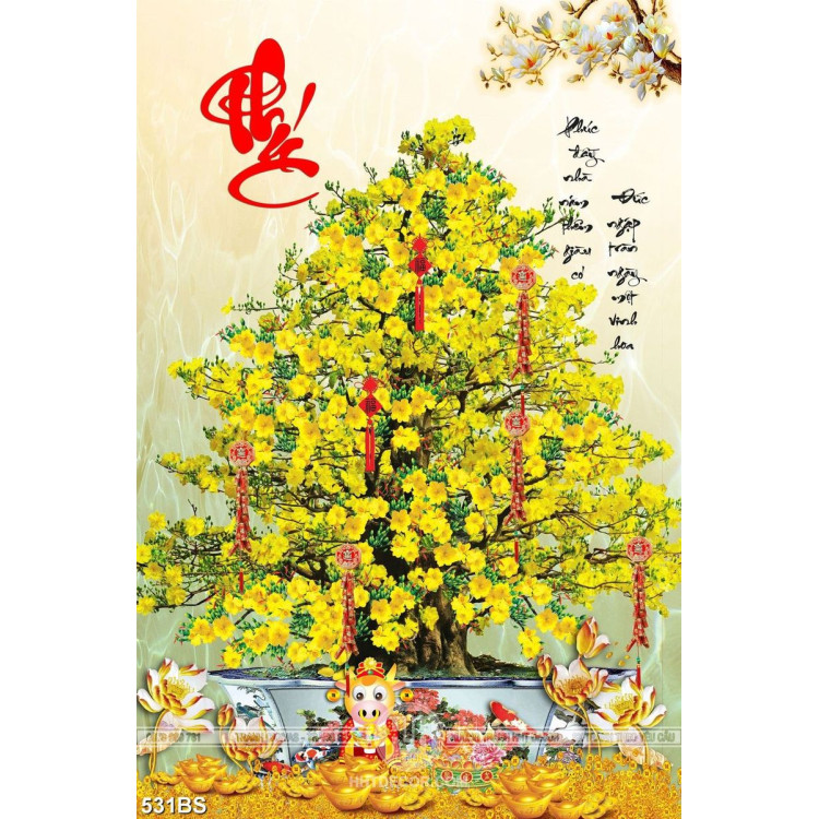 Tranh chậu bonsai in uv mai vàng khoe sắc bên chữ Phúc chúc tết