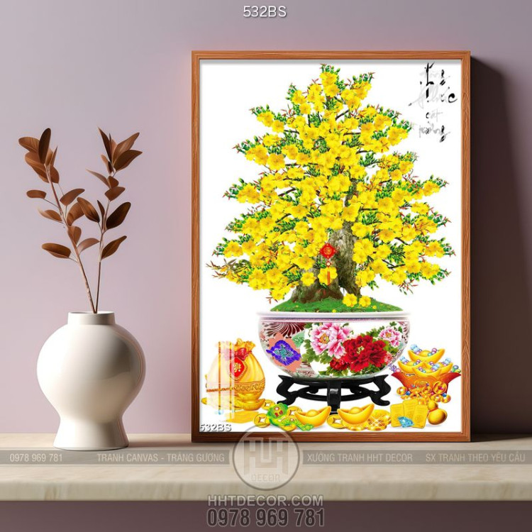 Tranh chậu bonsai trang trí mai vàng bên núi kim tiền mừng xuân