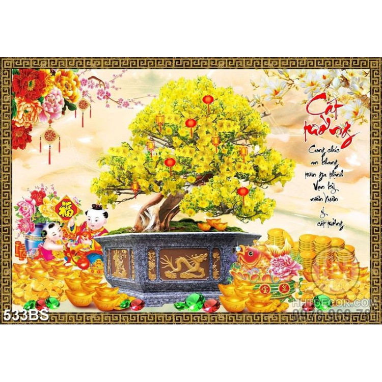Tranh chậu bonsai mai vàng mừng năm mới vad cá chép in 3d 