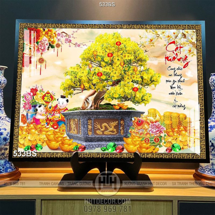 Tranh chậu bonsai mai vàng mừng năm mới vad cá chép in 3d 