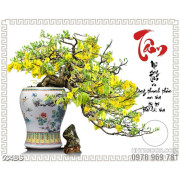 Tranh chậu bonsai wall 3d dán tường mai vàng bên chữ Tâm 