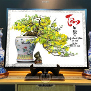 Tranh chậu bonsai wall 3d dán tường mai vàng bên chữ Tâm 