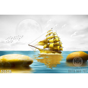 Tranh 3D thuyền vàng bên đàn chim file psd