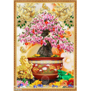 Tranh chậu bonsai in canvas hoa đào khoe sắc bên kì lân giả ngọc