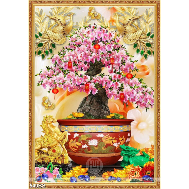 Tranh chậu bonsai in canvas hoa đào khoe sắc bên kì lân giả ngọc