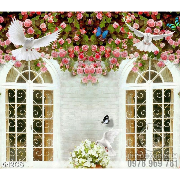 Tranh 3D khung cửa phủ hoa hồng và chim câu file gốc