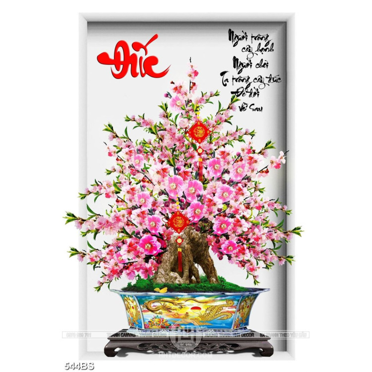 Tranh chậu bonsai in uv hoa đào bên chữ Đức đón tết treo tường
