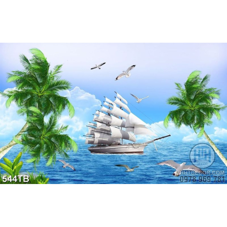 Tranh thuyền và biển bên hàng dừa xanh đẹp nghệ thuật 