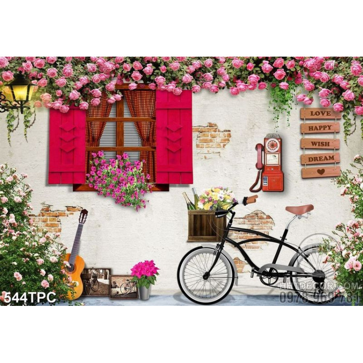 Tranh phào chỉ in canvas chiếc xe đạp dưới dàn hoa hồng