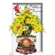 Tranh chậu bonsai trang trí mai vàng bên thư pháp phúc lộc