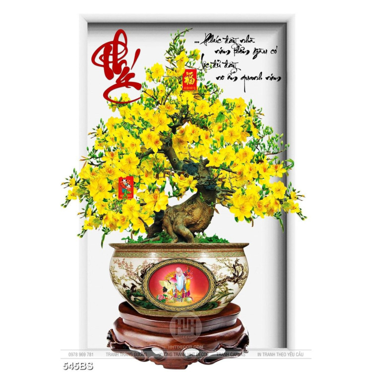 Tranh chậu bonsai trang trí mai vàng bên thư pháp phúc lộc