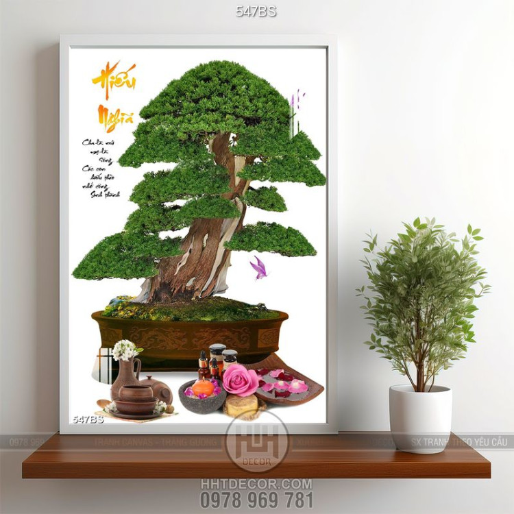 Tranh chậu bonsai wall 3d thư pháp hiếu nghĩa bên đàn bướm