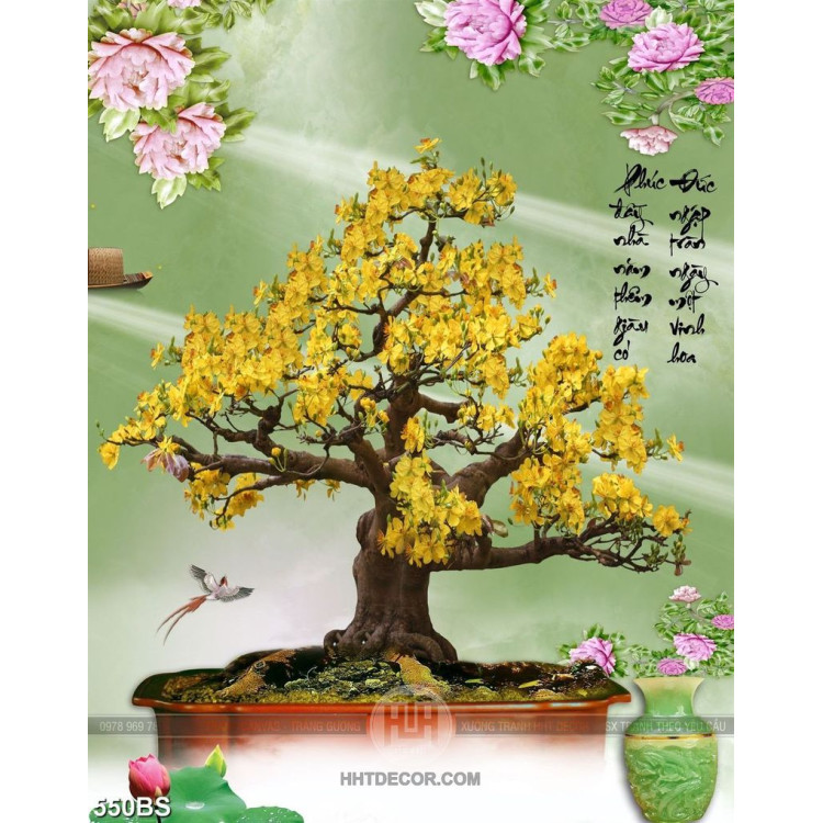 Tranh chậu bonsai phong thủy mai vàng bên hoa mẫu đơn nở rộ
