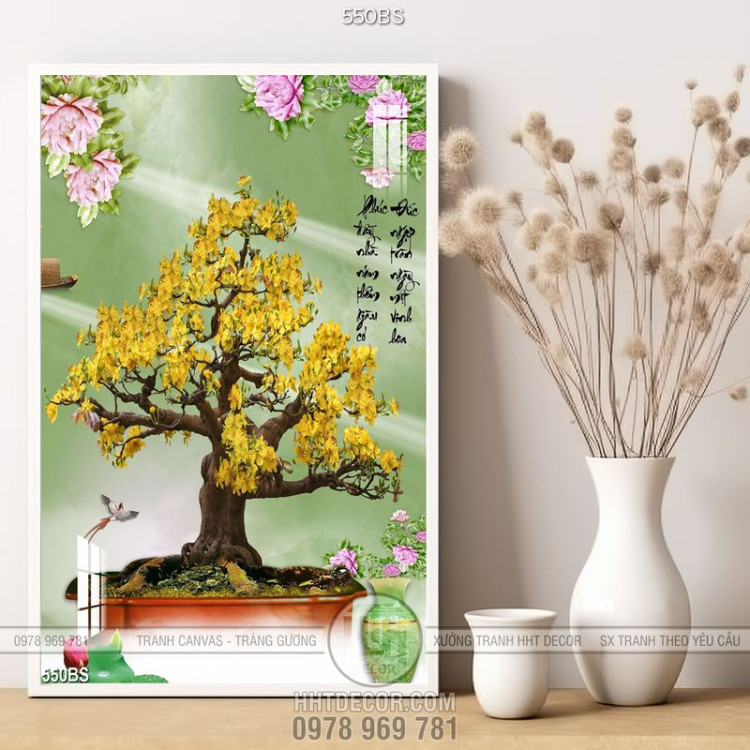 Tranh chậu bonsai phong thủy mai vàng bên hoa mẫu đơn nở rộ