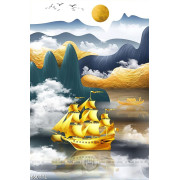 Tranh in canvas con tàu dáp vàng căng buồm trên biển 