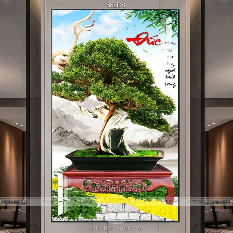 Tranh chậu bonsai in lụa chữ Đức bên núi phủ tuyết dán tường