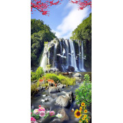 Tranh dán tường hoa đào và thác nước thiên nhiên in kính