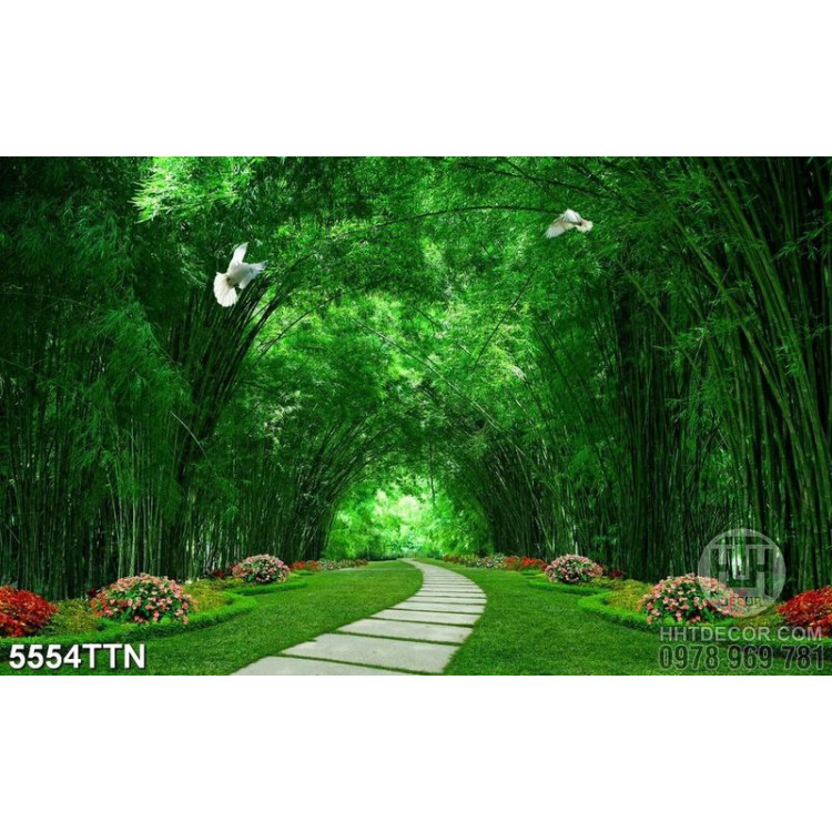 Tranh dán tường 3D con đường hai hàng cây xanh lá tuyệt đẹp 
