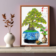 Tranh chậu bonsai in 5d cây khế trĩu quả bên hai chữ Quê Hương