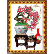 Tranh chậu bonsai hoa đào bên tách trà ấm in 3d treo tường