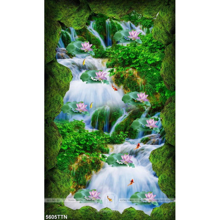 Tranh dán tường hoa sen trên thác nước file psd