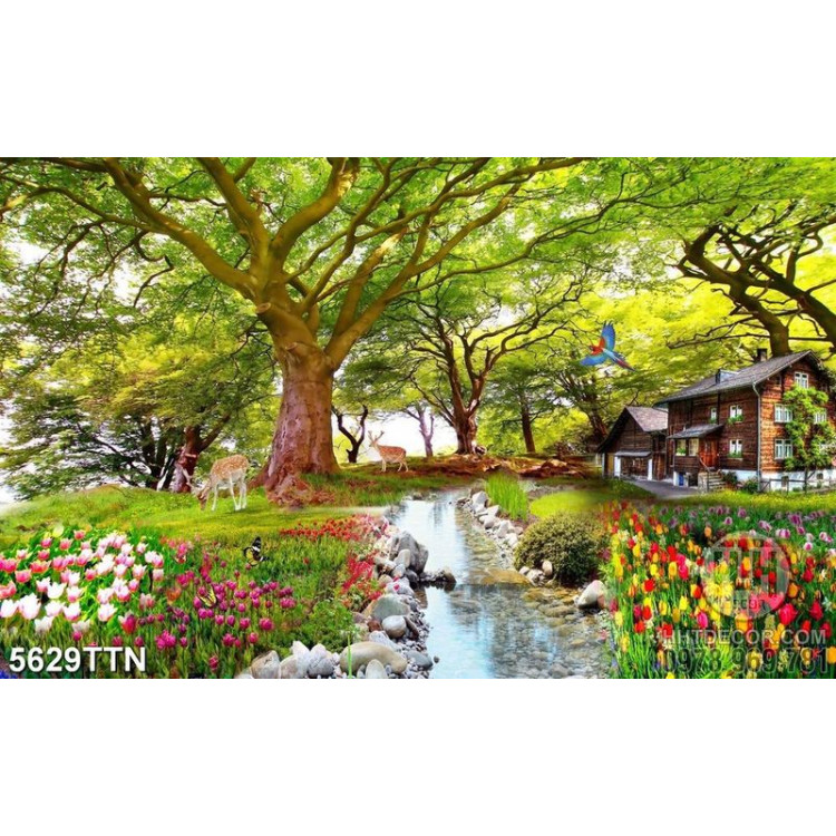 Tranh 3d phong cảnh ngôi nhà trong khu rừng hoa lá tuyệt đẹp