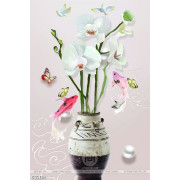 Tranh bình hoa 3d nhành hoa phong lan trắng bên đàn bướm