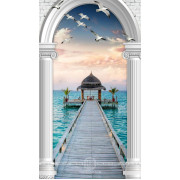 Tranh 3D cánh cổng trắng dẫn ra biển trang trí phòng khách 