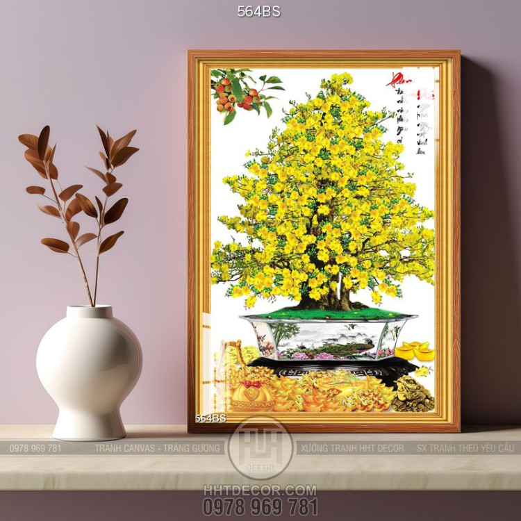 Tranh chậu bonsai decor mai vàng bên núi kim tiền dán tường
