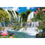 Tranh dán tường 3d hoa sen hoa đào và thác nước hùng vĩ