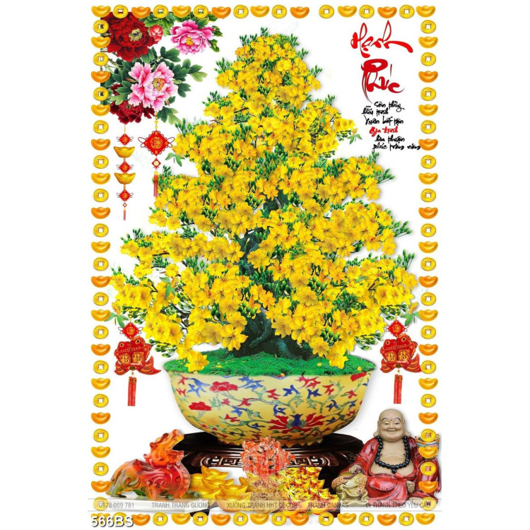 Tranh chậu bonsai in canvas mai vàng bên Phật Di Lặc treo tường