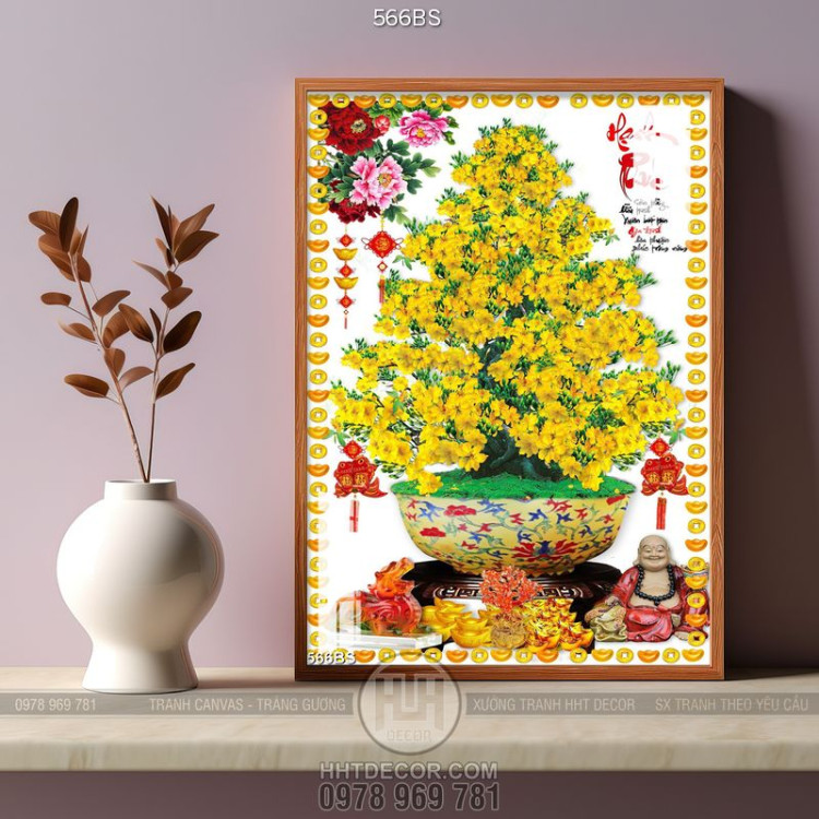 Tranh chậu bonsai in canvas mai vàng bên Phật Di Lặc treo tường