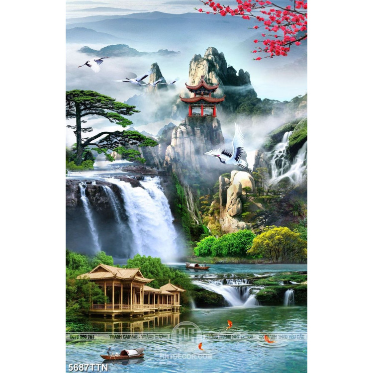 Tranh dán tường in kính ngôi chùa dưới chân thác nước đẹp 