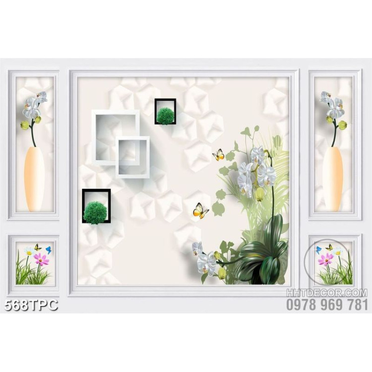 Tranh phào chỉ in 3d những bông phong lan trắng bên ô cửa