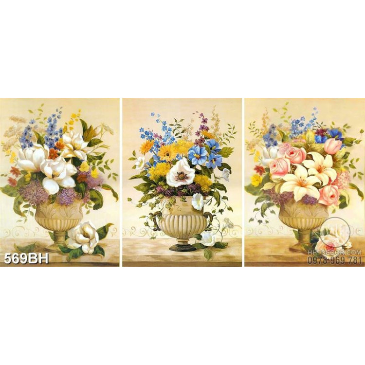 Tranh bình hoa trang trí 3 tấm hoa ly cổ điển trong phòng khách