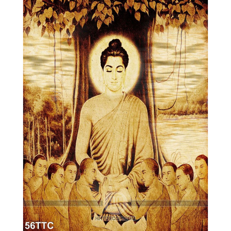 Tranh trúc chỉ Đức Phật rao giảo kinh phật bên cây đa
