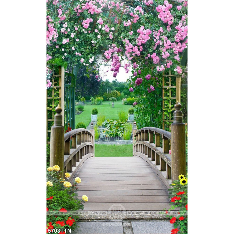Tranh dán tường in uv hoa giấy và cây cầu dẫn vào công viên xanh