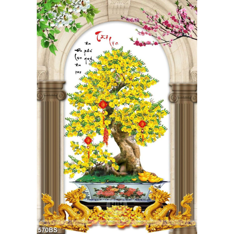 Tranh chậu bonsai mai vàng bên đôi rồng vàng mừng xuân in uv
