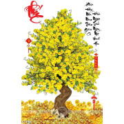 Tranh chậu bonsai trang trí mai vàng và núi kim tiền treo tường