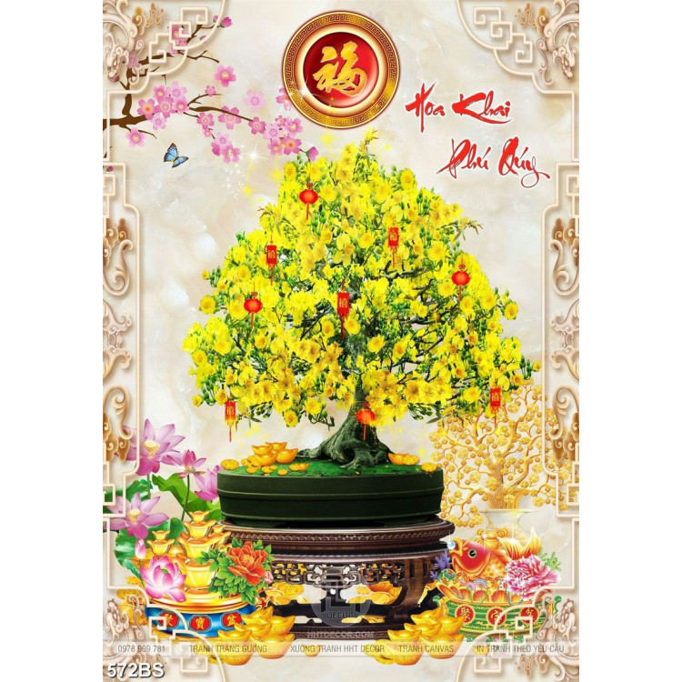 Tranh chậu bonsai mai vàng hoa khai phú quý đón xuân in 3d