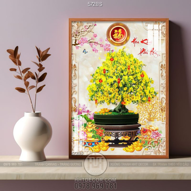 Tranh chậu bonsai mai vàng hoa khai phú quý đón xuân in 3d