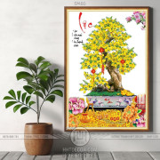 Tranh chậu bonsai mai vàng khoe sắc bên hoa mẫu đơn in 8d