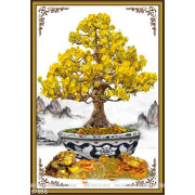Tranh chậu bonsai in gạch men mai vàng nở rộ bên tranh thủy mạc