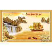 Tranh kim tiền decor phòng khách thuyền buồm trên dòng sông vàng 