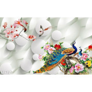 Tranh chim công và cành hoa đào nhỏ nở đẹp 3d