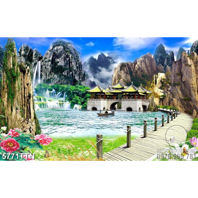 Tranh dán tường 3d ngôi chùa và sông núi hùng vĩ