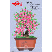 Tranh chậu bonsai hoa đào bên chữ Đức thư pháp đón tết in lụa