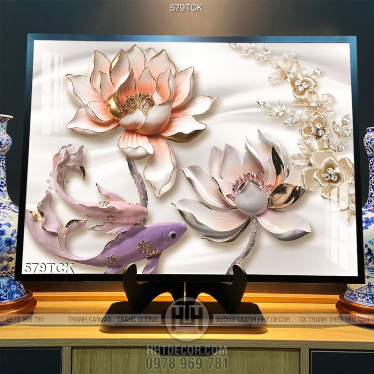 Tranh cá  và hoa sen bằng ngọc đẹp 3d
