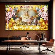Tranh in canvas Phật Di Lặc bên rừng hoa đào